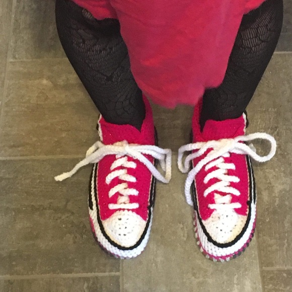 Sparkly Fuchsia/Magenta Handcrafted Crocheted Sneakers - Picture 1 of 2